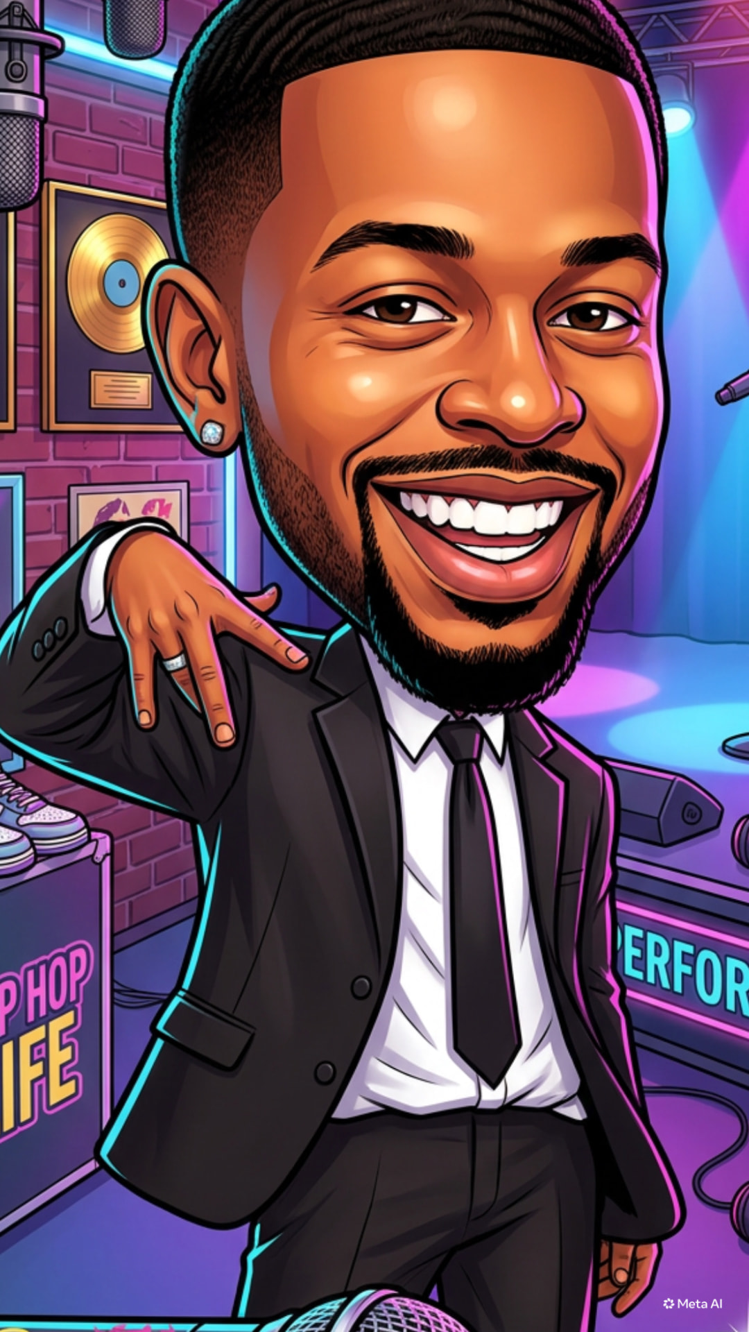 Illustrated caricature of Taiwan Williams in a suit at a podcast microphone