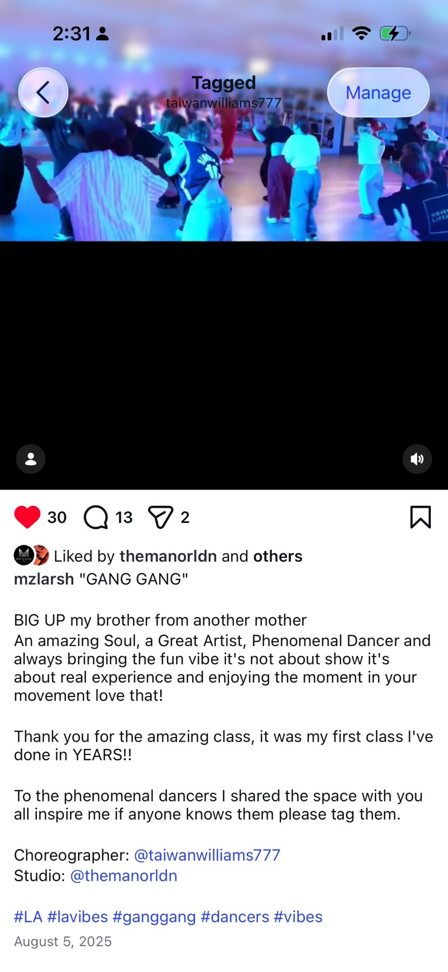 Instagram post from mzlarsh about a Taiwan Williams class in London