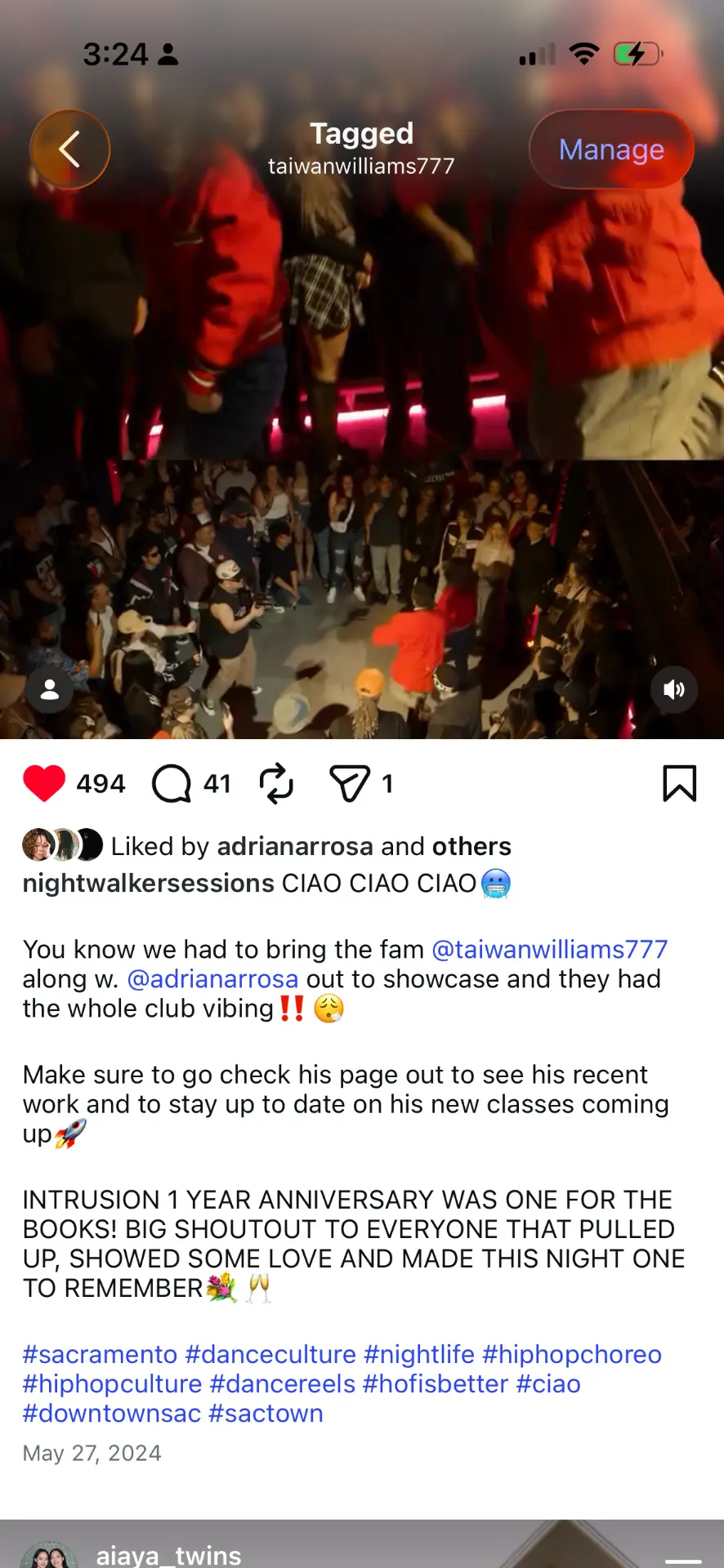 Instagram post from nightwalkersessions about Taiwan Williams' showcase