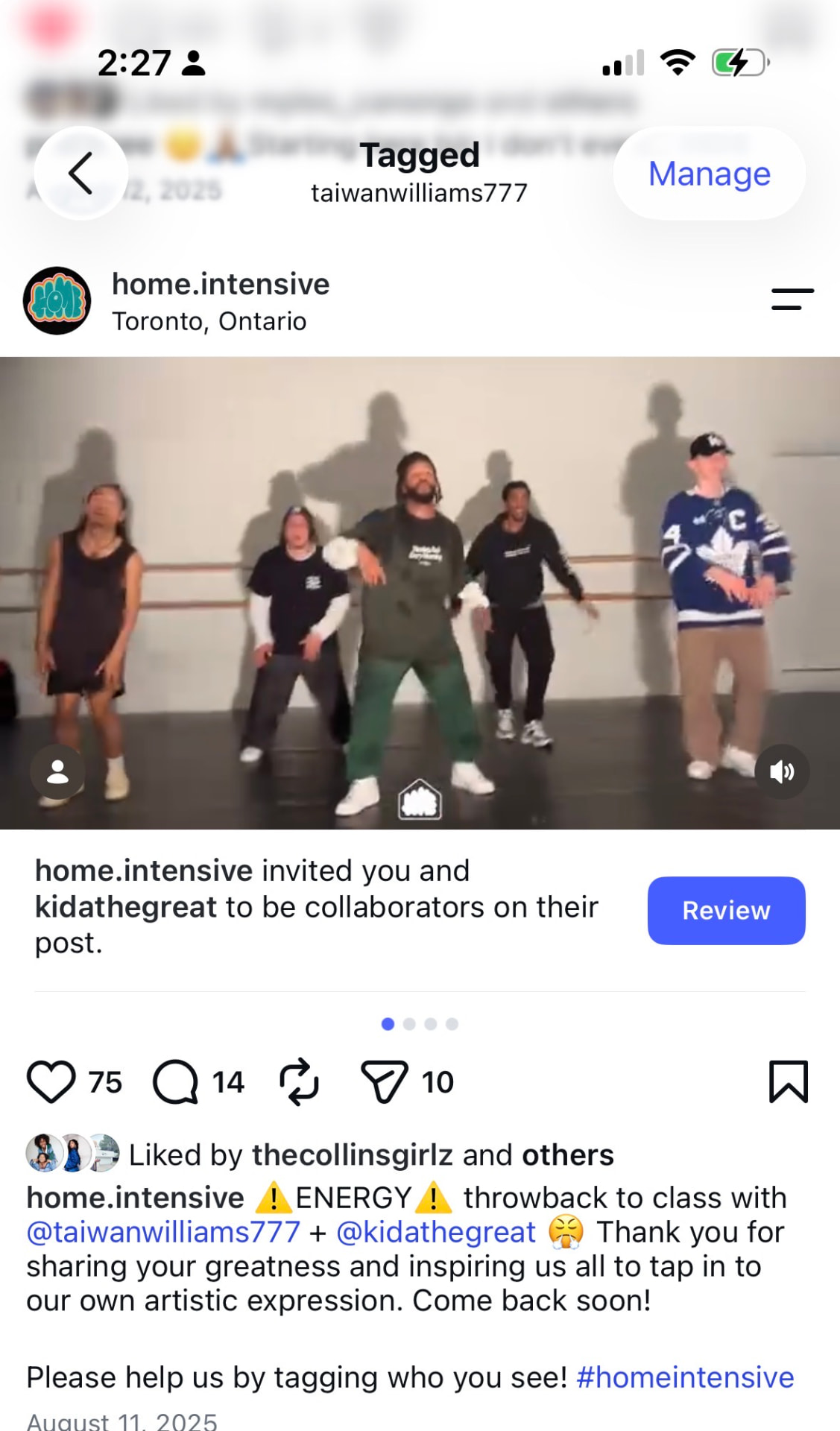 Instagram post from home.intensive in Toronto about Taiwan Williams' class