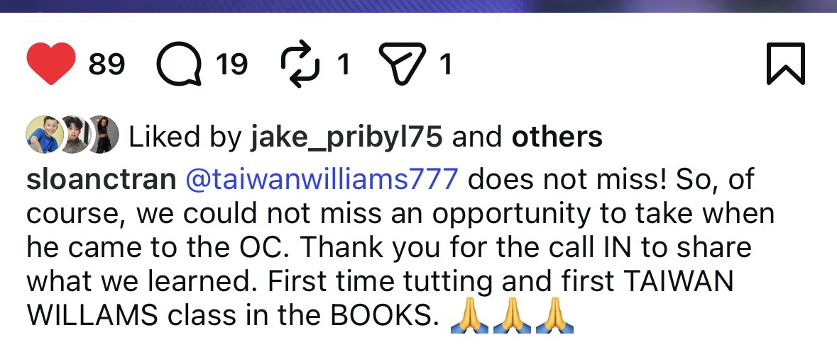 Instagram post from sloanctran praising Taiwan Williams' class